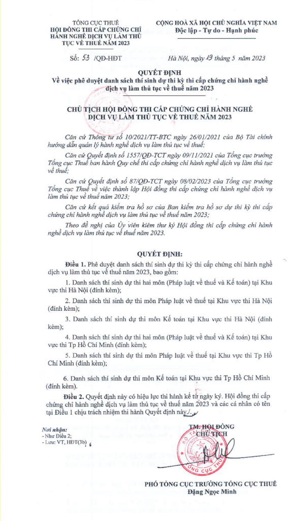 Danh sách thí sinh dự thi Đại lý Thuế 2023 kèm số báo danh, phòng thi