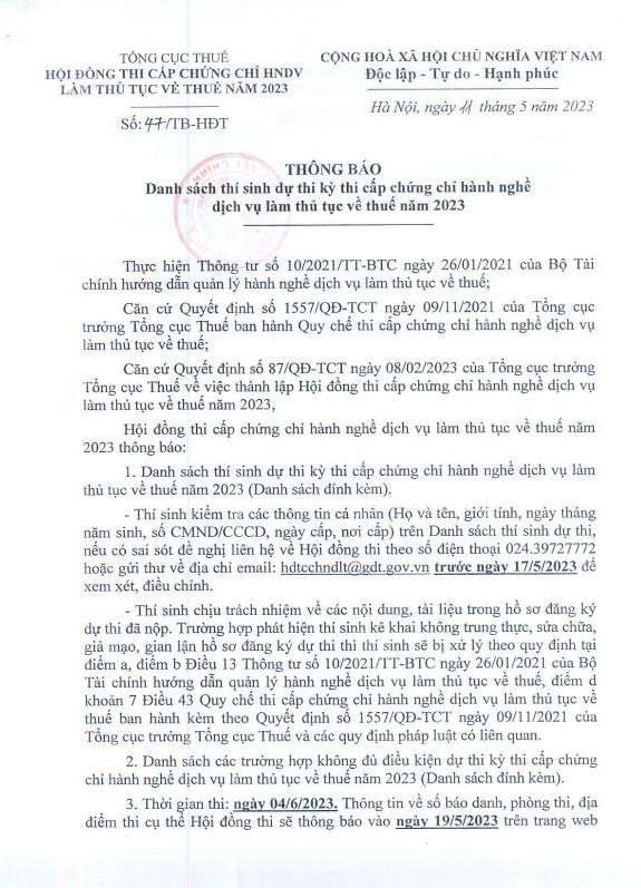 Thông báo danh sách thí sinh dự thi kỳ thi cấp chứng chỉ hành nghề dịch vụ làm thủ tục về thuế năm 2023