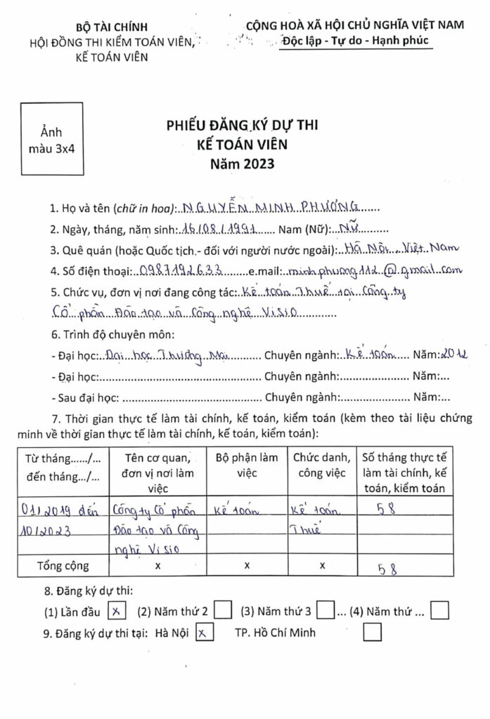  Hướng dẫn hoàn thiện hồ sơ đăng ký dự thi kế toán viên năm 2023 cho thí sinh đăng ký lần đầu
