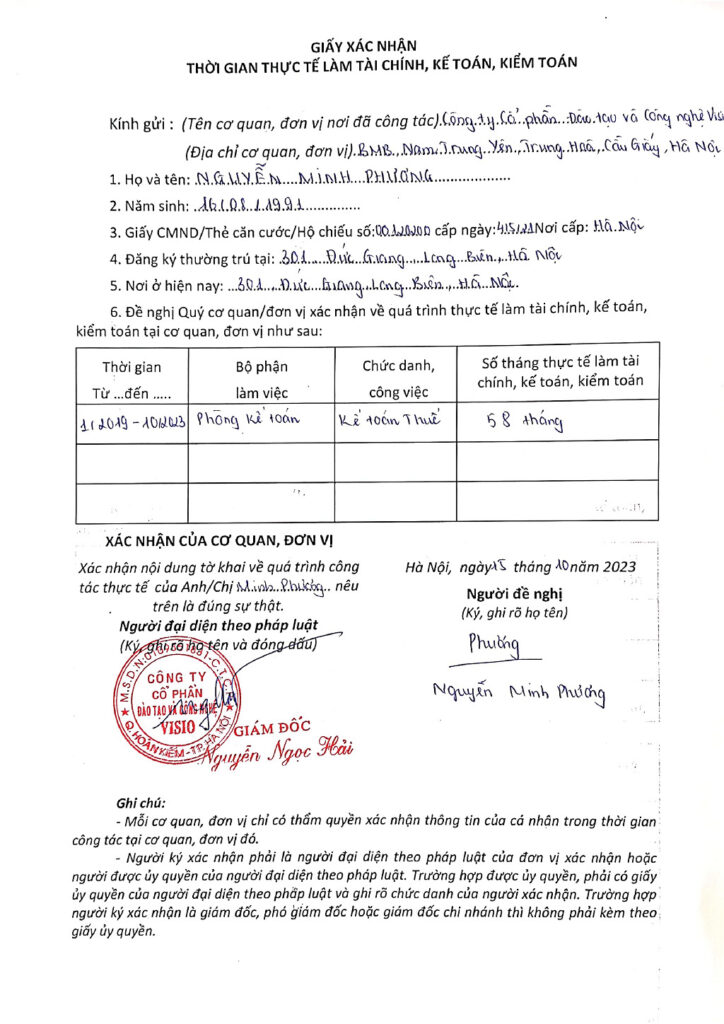 Giấy xác nhận công tác hồ sơ đăng ký dự thi apc 2023