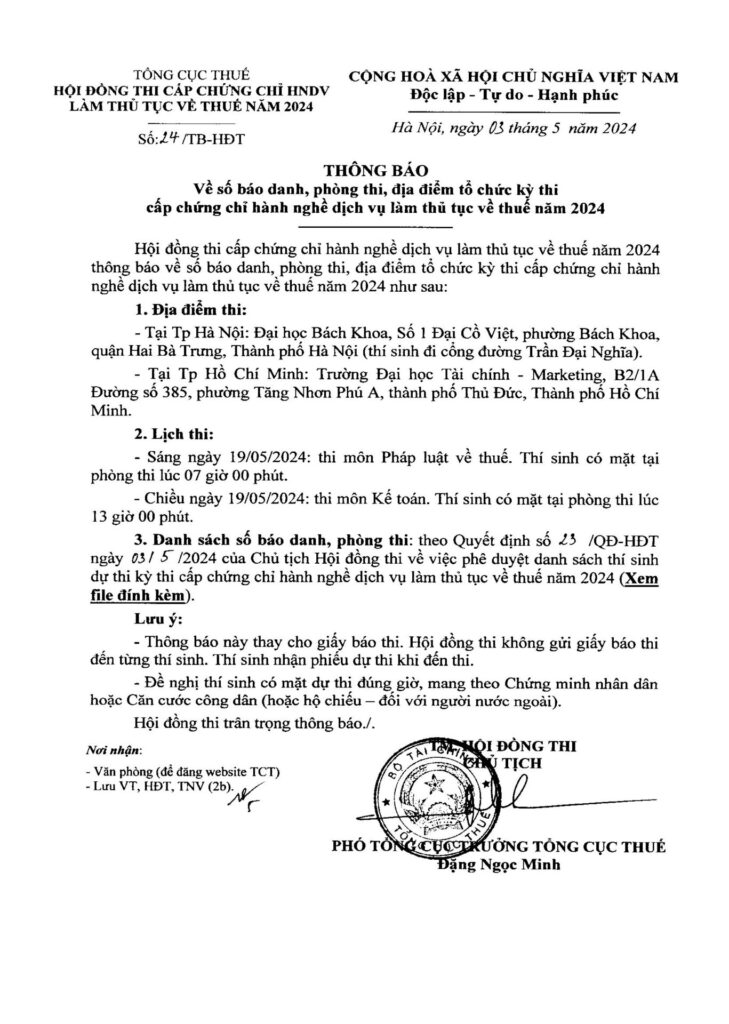 danh sách dự thi Đại lý Thuế 2024 có số báo danh, phòng thi